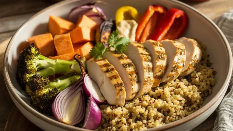 High Protein Chicken Quinoa Bowl with Roasted Vegetables